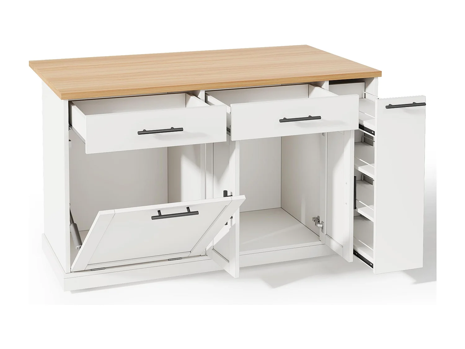 Îlot de cuisine à roulettes - 120 x 45/70 x 93.5 cm - avec plateau rabattable + meuble pour poubelle + 2 tiroirs - MDF - blanc