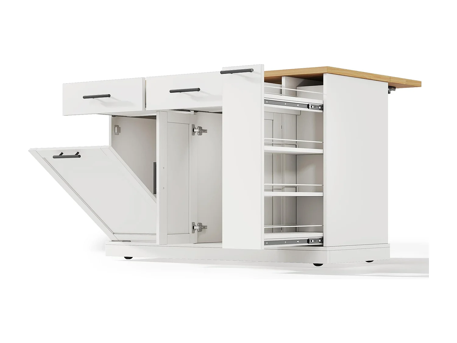 Îlot de cuisine à roulettes - 120 x 45/70 x 93.5 cm - avec plateau rabattable + meuble pour poubelle + 2 tiroirs - MDF - blanc