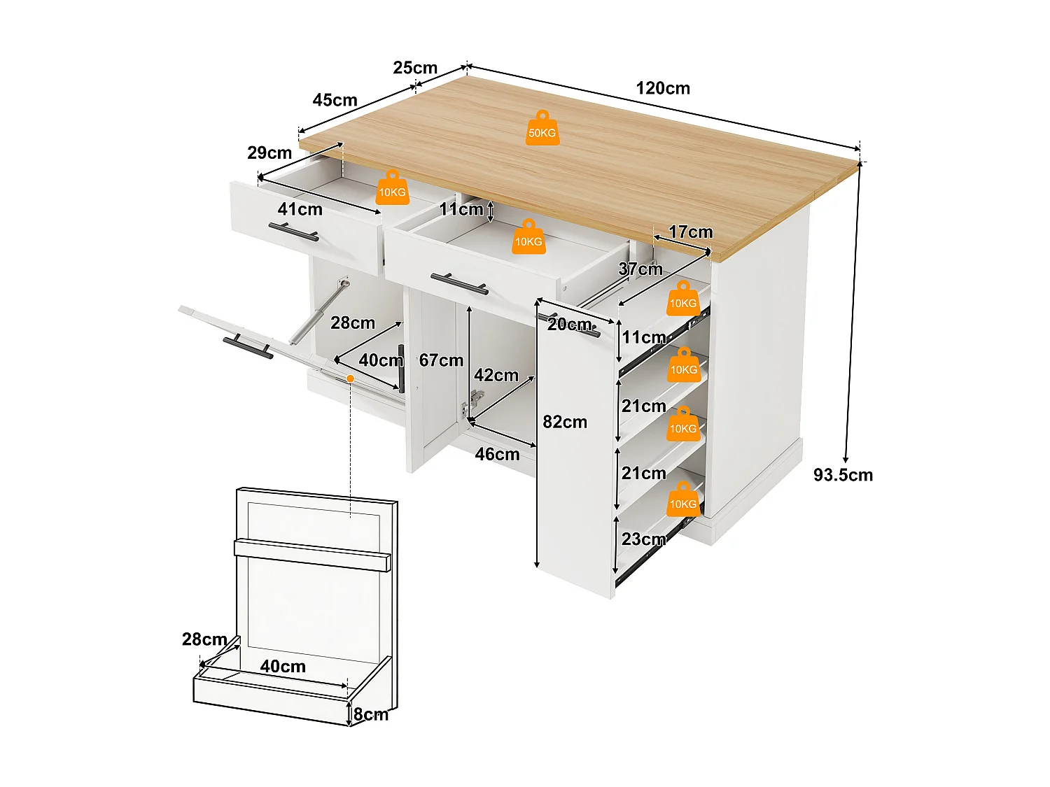 Îlot de cuisine à roulettes - 120 x 45/70 x 93.5 cm - avec plateau rabattable + meuble pour poubelle + 2 tiroirs - MDF - blanc