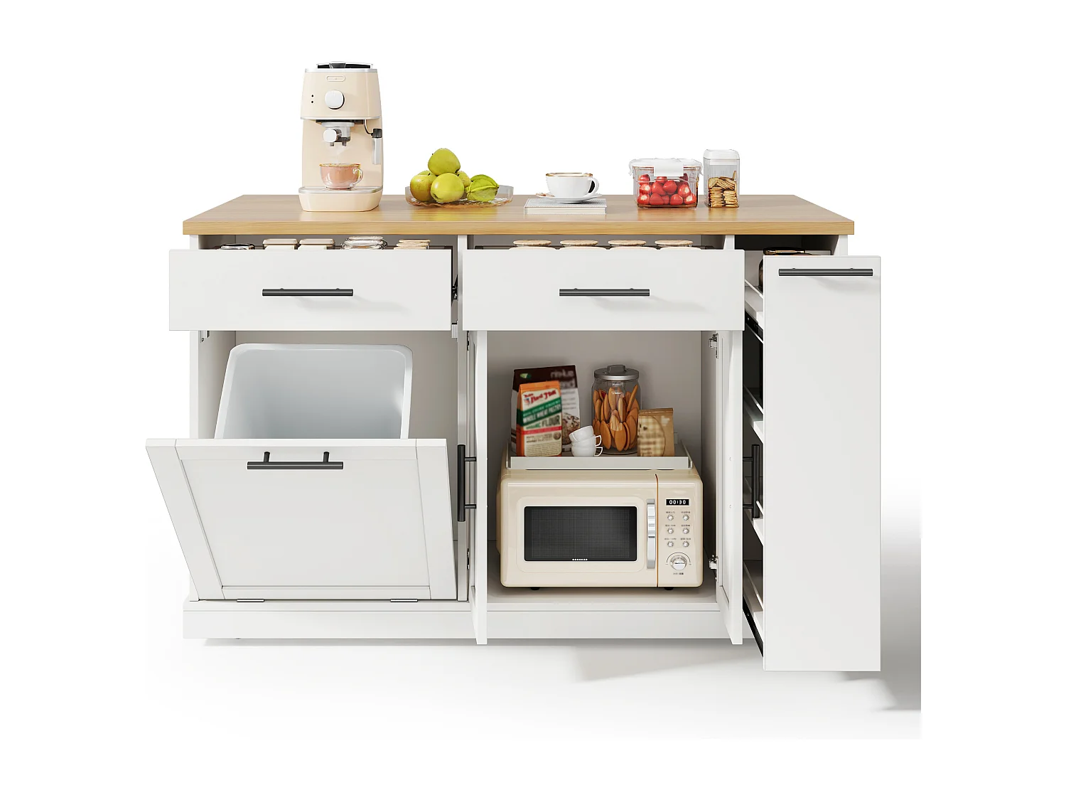 Îlot de cuisine à roulettes - 120 x 45/70 x 93.5 cm - avec plateau rabattable + meuble pour poubelle + 2 tiroirs - MDF - blanc