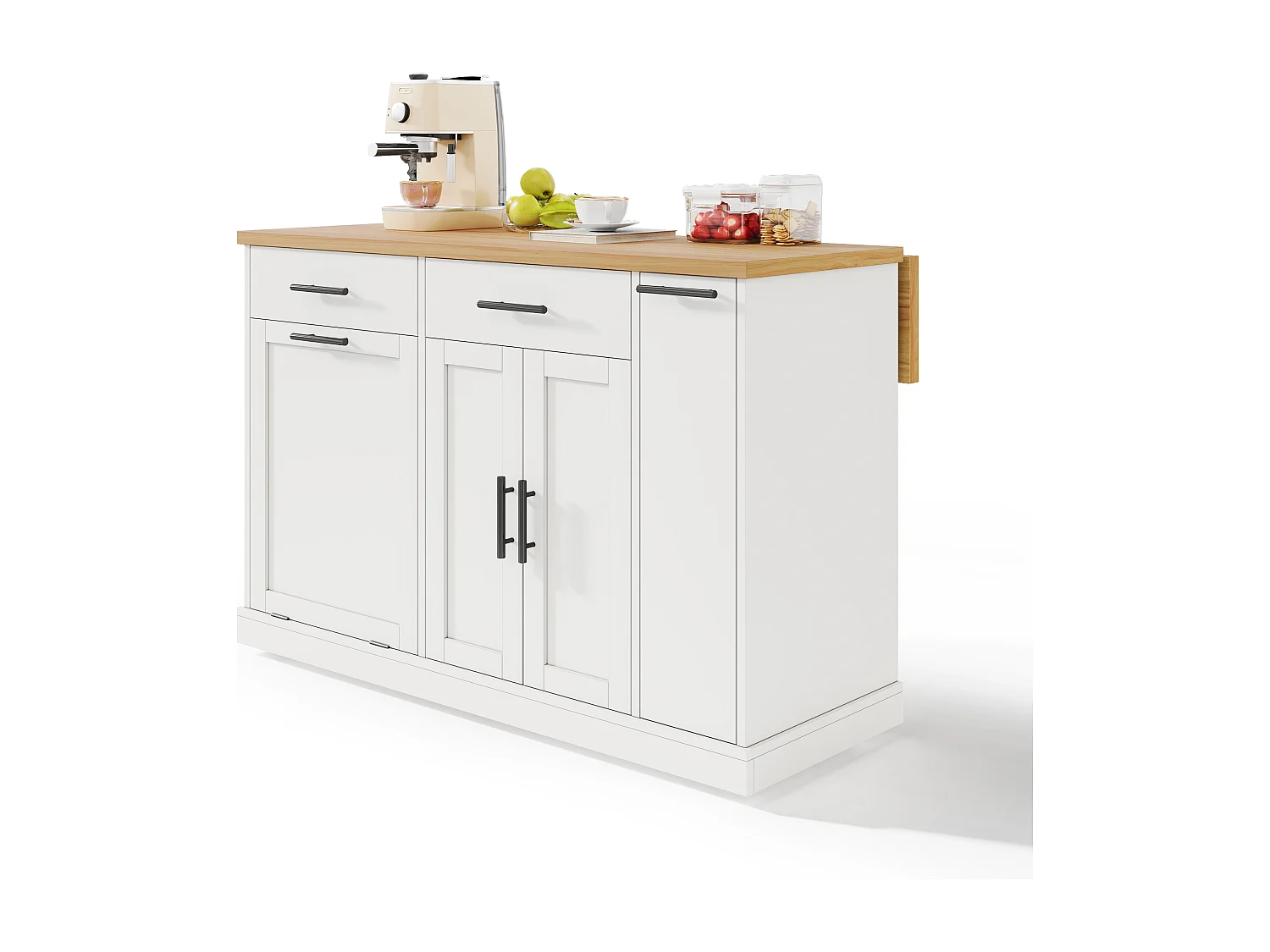 Îlot de cuisine à roulettes - 120 x 45/70 x 93.5 cm - avec plateau rabattable + meuble pour poubelle + 2 tiroirs - MDF - blanc