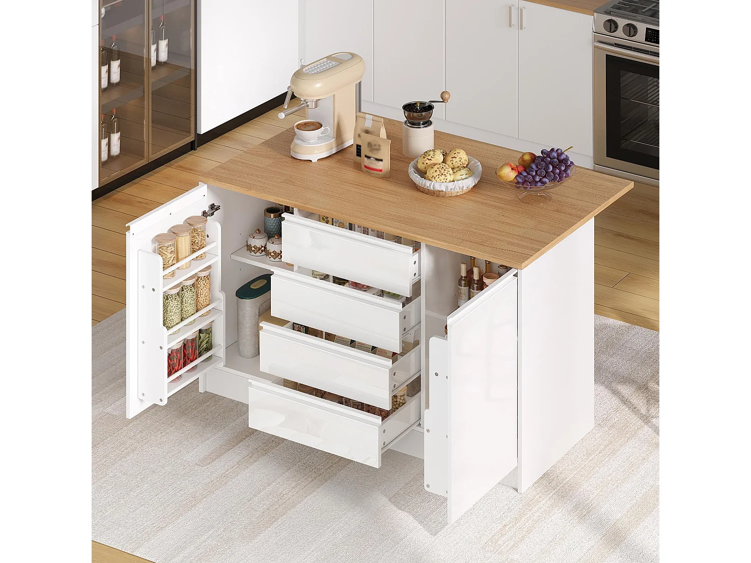 Îlot central laquées brillantes - 140 x 50/80 x 90 cm - avec plateau rabattable + 4 tiroirs + 2 portes - MDF - blanc + naturel