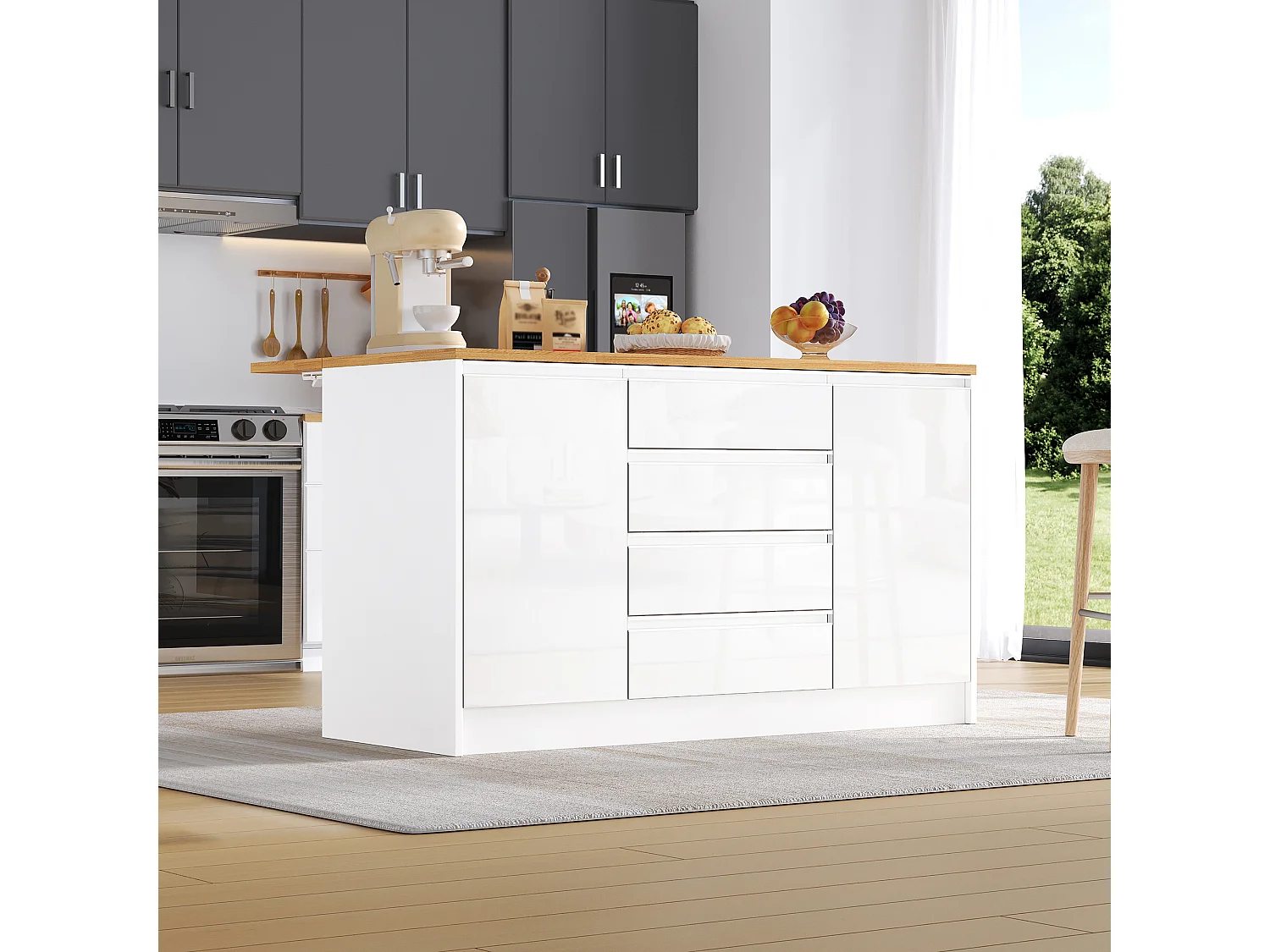 Îlot central laquées brillantes - 140 x 50/80 x 90 cm - avec plateau rabattable + 4 tiroirs + 2 portes - MDF - blanc + naturel