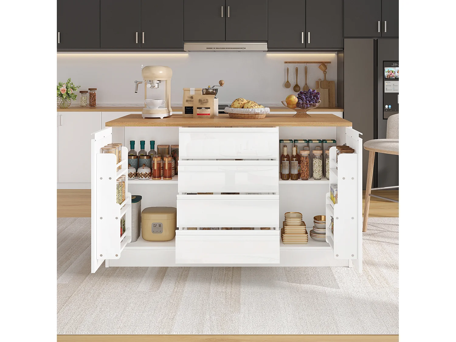 Îlot central laquées brillantes - 140 x 50/80 x 90 cm - avec plateau rabattable + 4 tiroirs + 2 portes - MDF - blanc + naturel