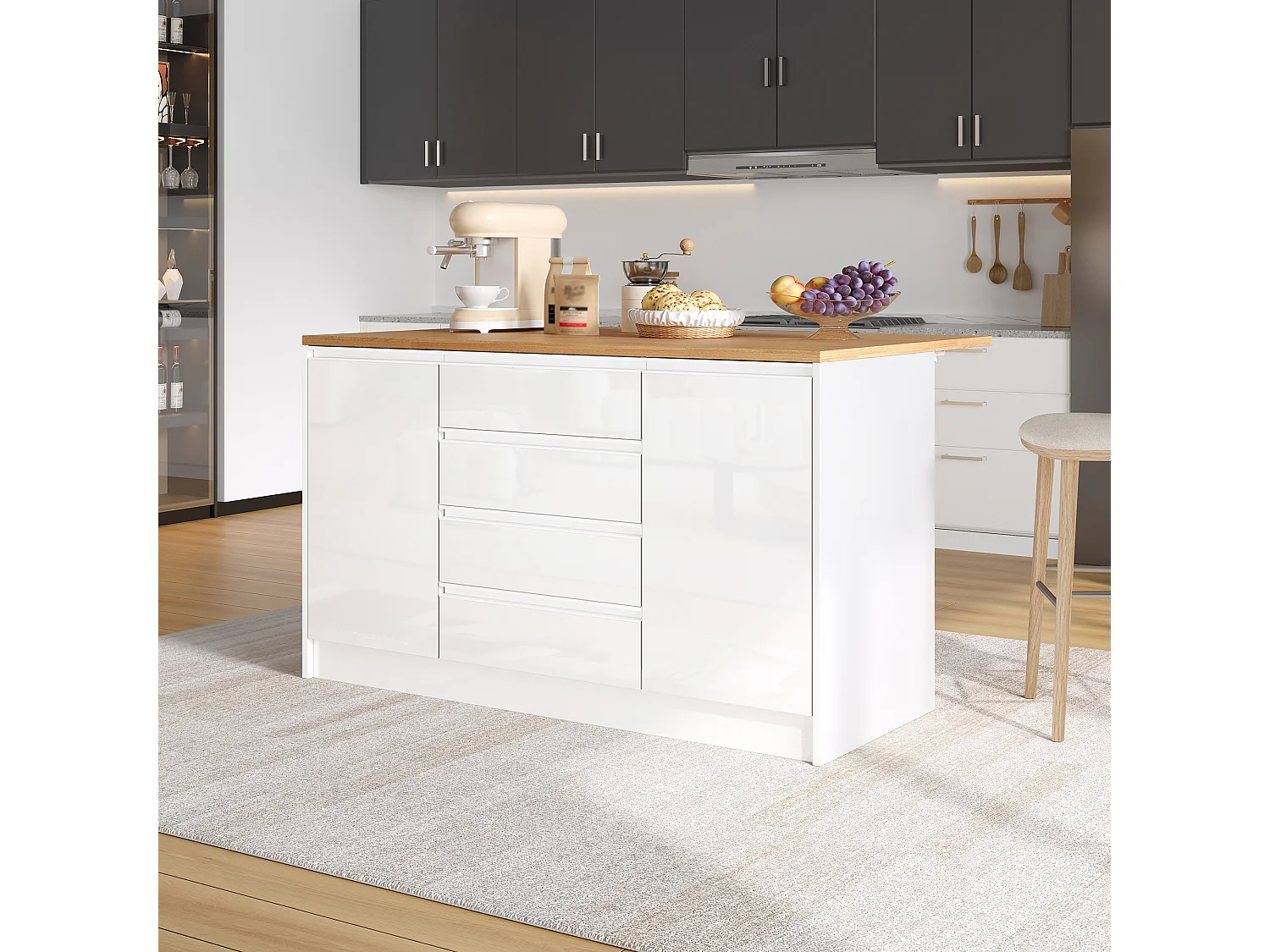 Îlot central laquées brillantes - 140 x 50/80 x 90 cm - avec plateau rabattable + 4 tiroirs + 2 portes - MDF - blanc + naturel