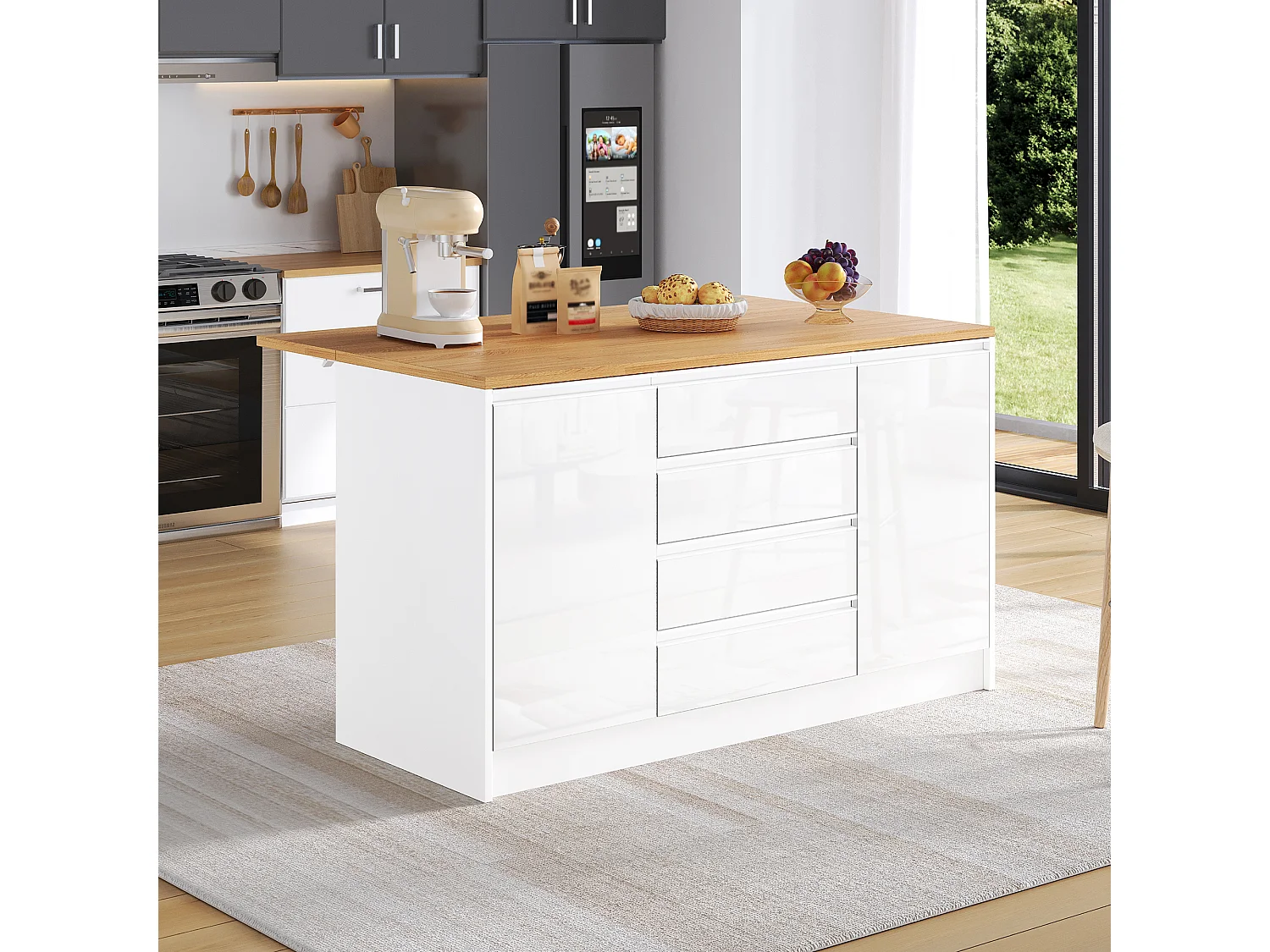 Îlot central laquées brillantes - 140 x 50/80 x 90 cm - avec plateau rabattable + 4 tiroirs + 2 portes - MDF - blanc + naturel