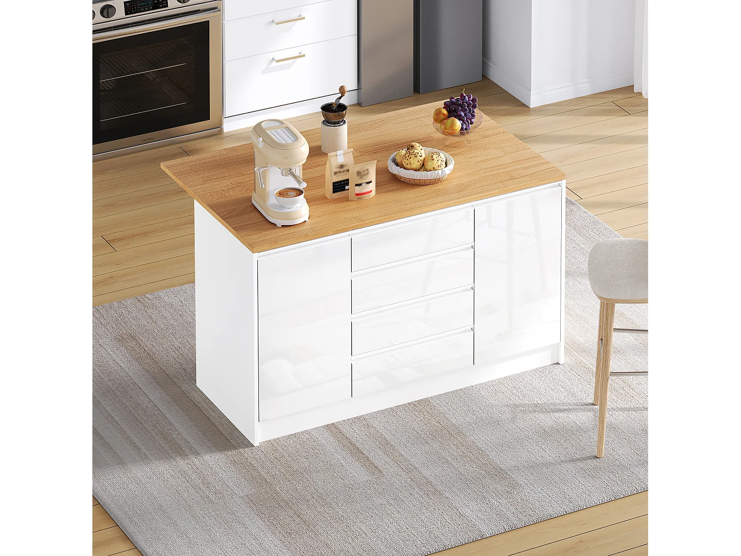 Îlot central laquées brillantes - 140 x 50/80 x 90 cm - avec plateau rabattable + 4 tiroirs + 2 portes - MDF - blanc + naturel