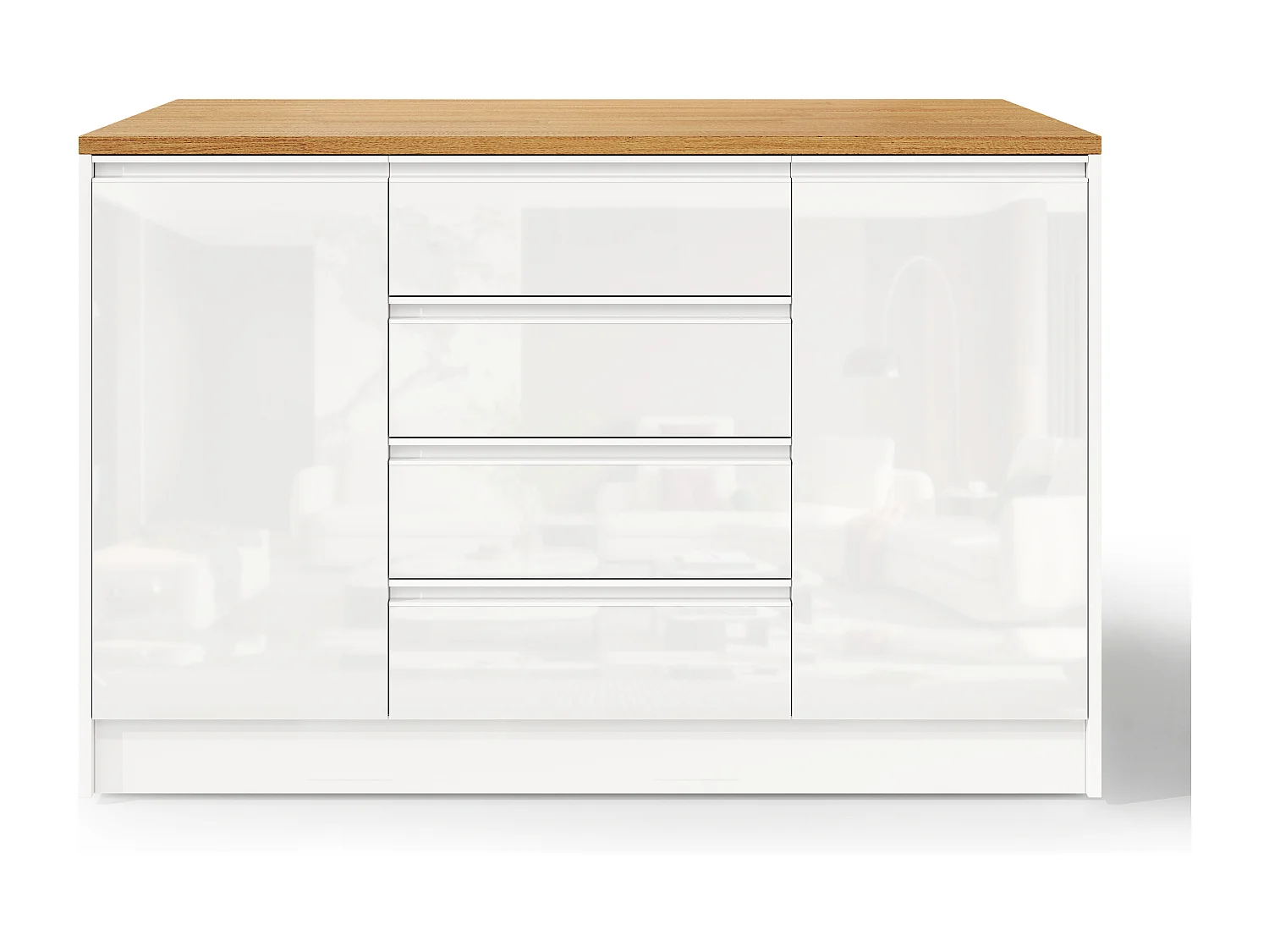Îlot central laquées brillantes - 140 x 50/80 x 90 cm - avec plateau rabattable + 4 tiroirs + 2 portes - MDF - blanc + naturel