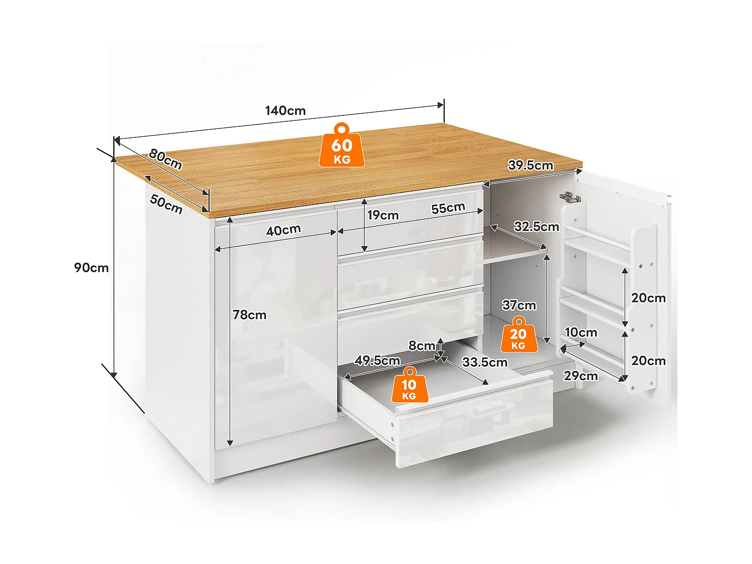 Îlot central laquées brillantes - 140 x 50/80 x 90 cm - avec plateau rabattable + 4 tiroirs + 2 portes - MDF - blanc + naturel