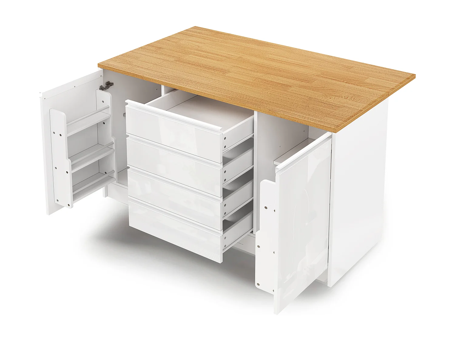 Îlot central laquées brillantes - 140 x 50/80 x 90 cm - avec plateau rabattable + 4 tiroirs + 2 portes - MDF - blanc + naturel