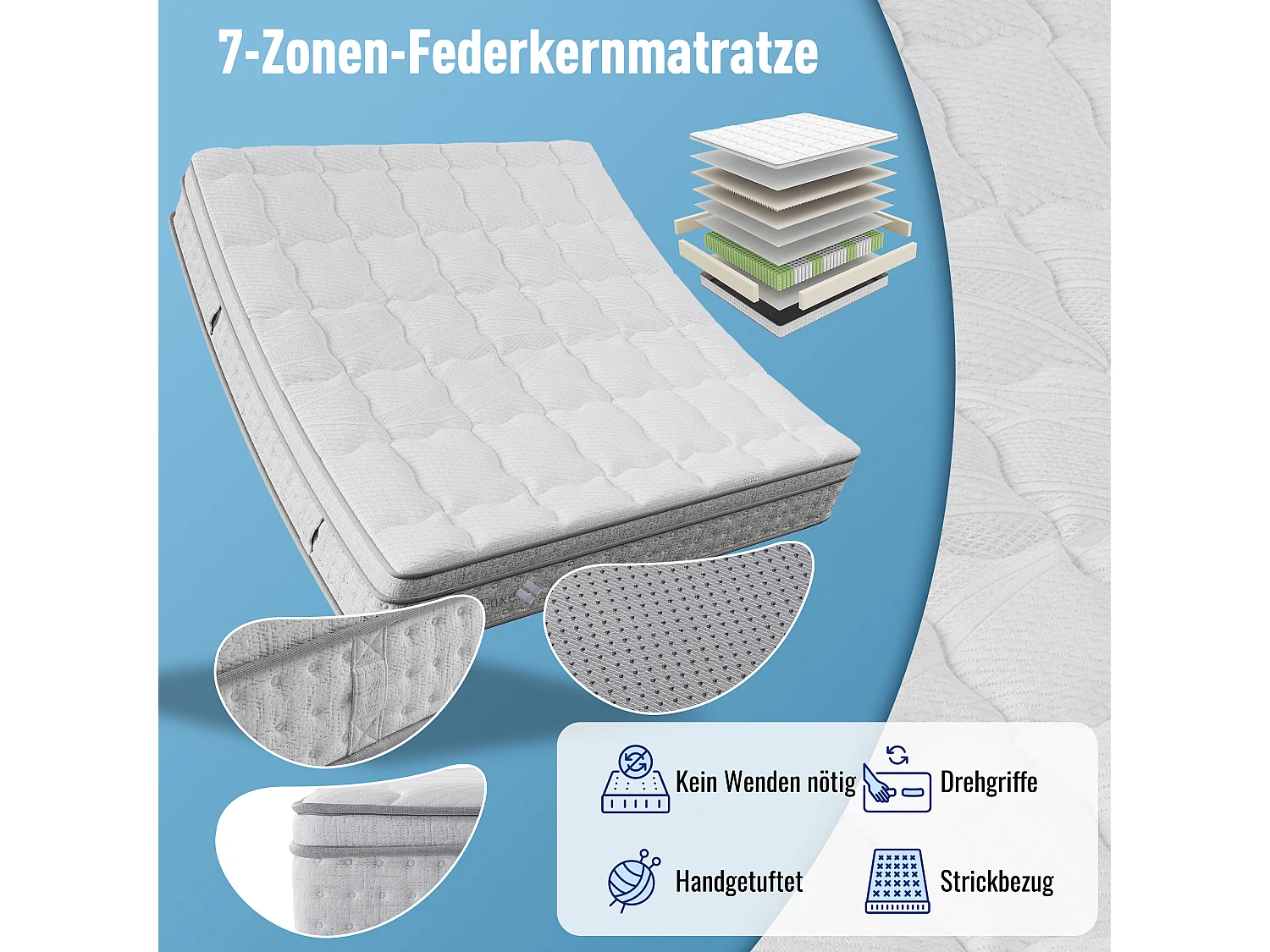 Matelas à ressorts - 140 x 190 cm - 7 zones - en mousse froide de 25 cm d'épaisseur - Polyester - blanc