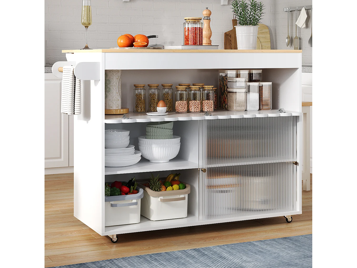 Îlot central pliable - 122 x 46 (69) x 91 cm - avec portes coulissantes en verre trempé + étagère - MDF - blanc