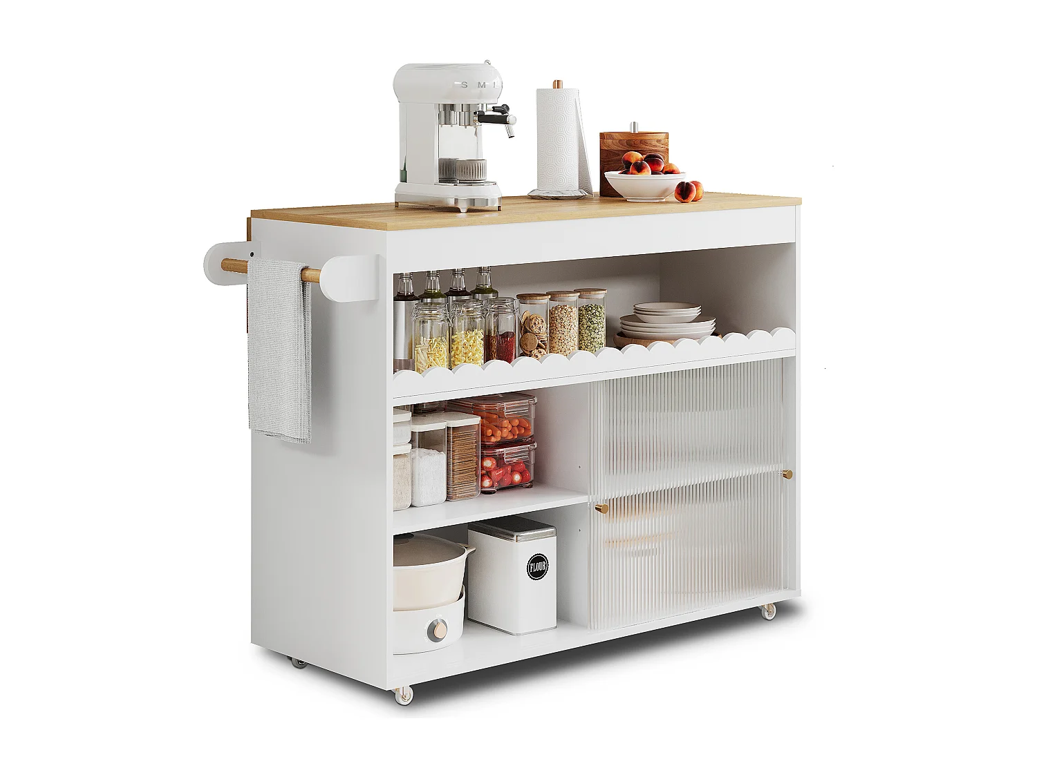 Îlot central pliable - 122 x 46 (69) x 91 cm - avec portes coulissantes en verre trempé + étagère - MDF - blanc