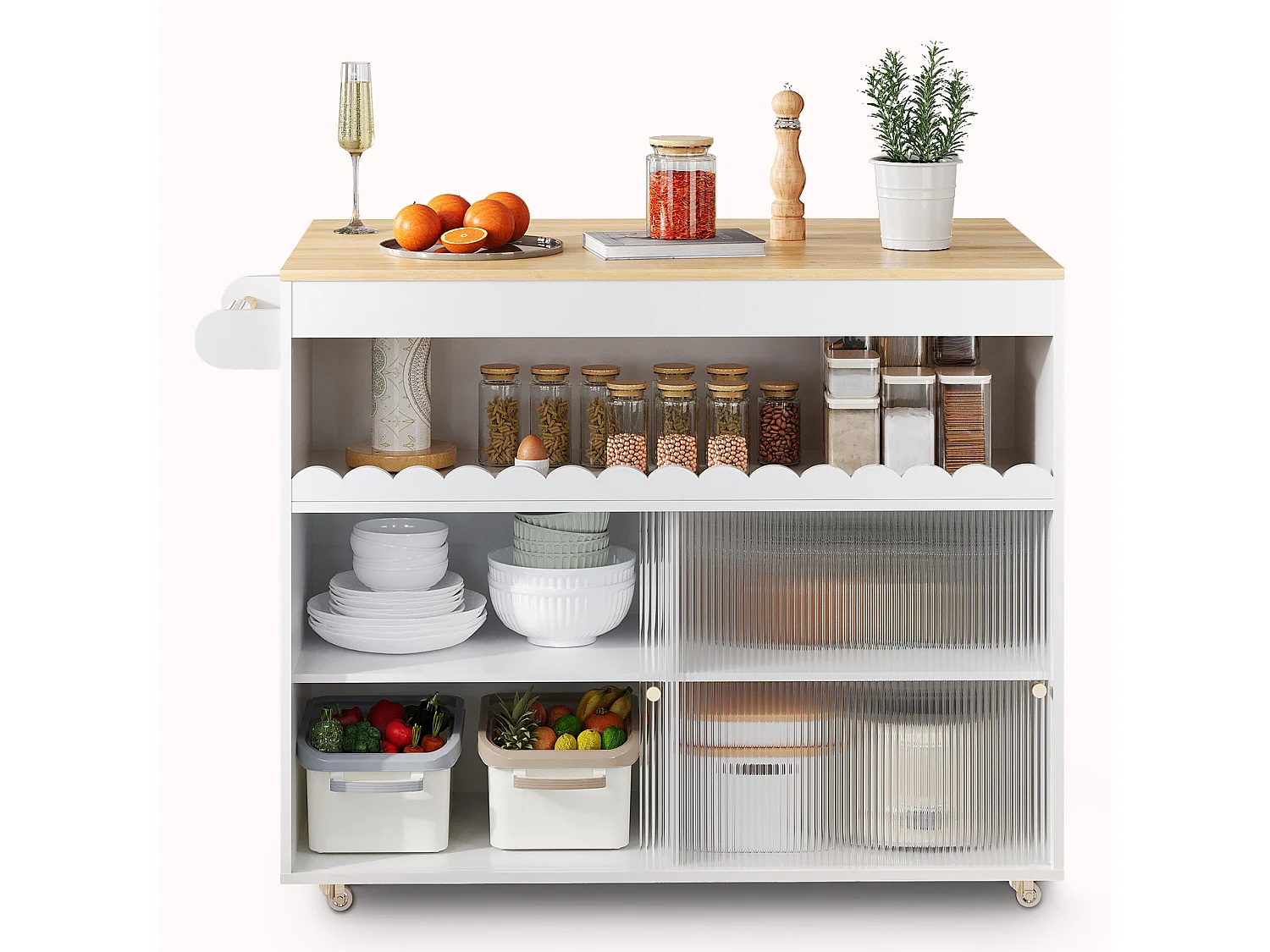 Îlot central pliable - 122 x 46 (69) x 91 cm - avec portes coulissantes en verre trempé + étagère - MDF - blanc