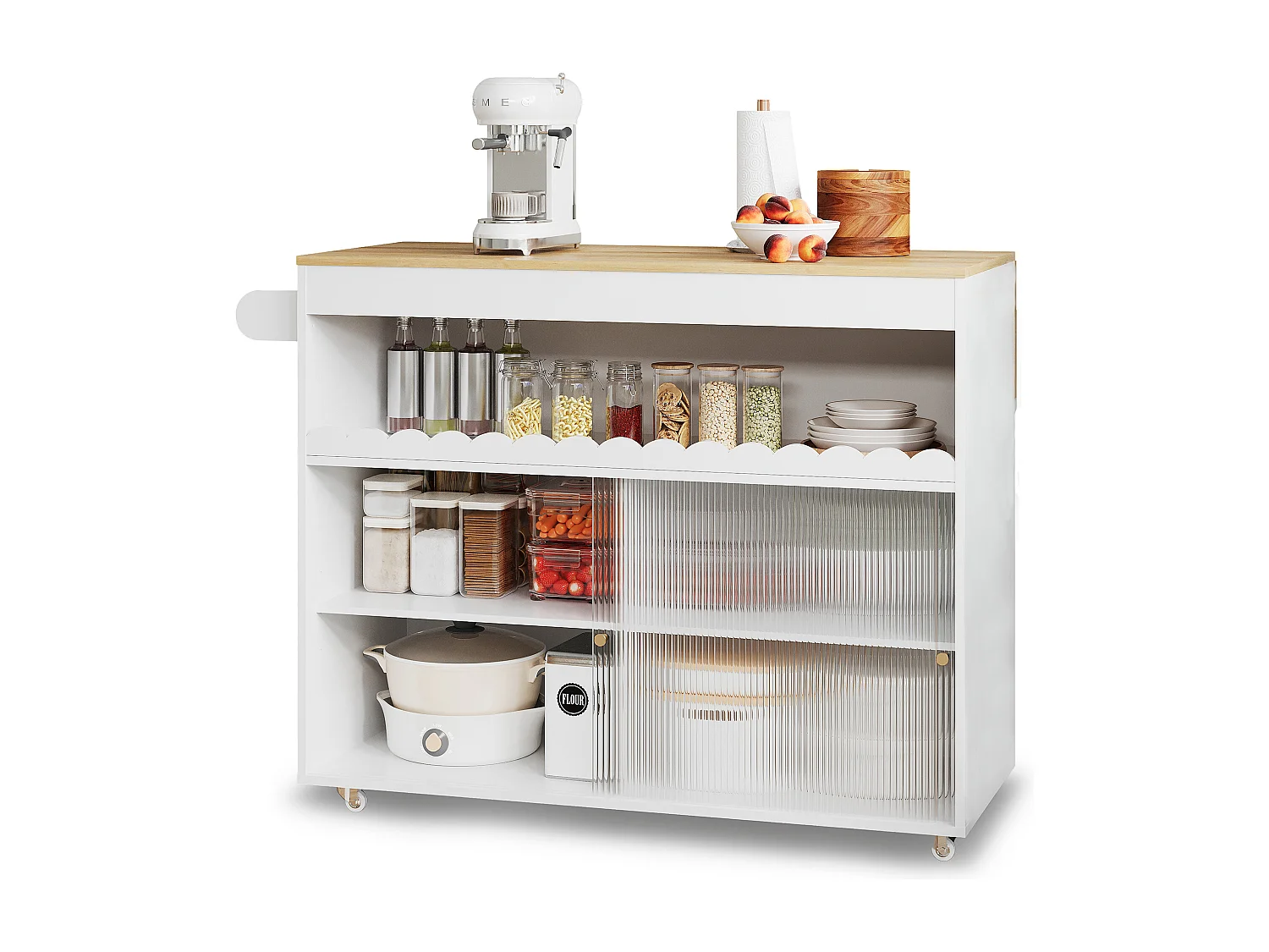 Îlot central pliable - 122 x 46 (69) x 91 cm - avec portes coulissantes en verre trempé + étagère - MDF - blanc