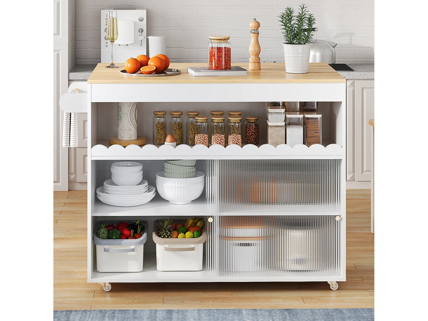 Îlot central pliable - 122 x 46 (69) x 91 cm - avec portes coulissantes en verre trempé + étagère - MDF - blanc