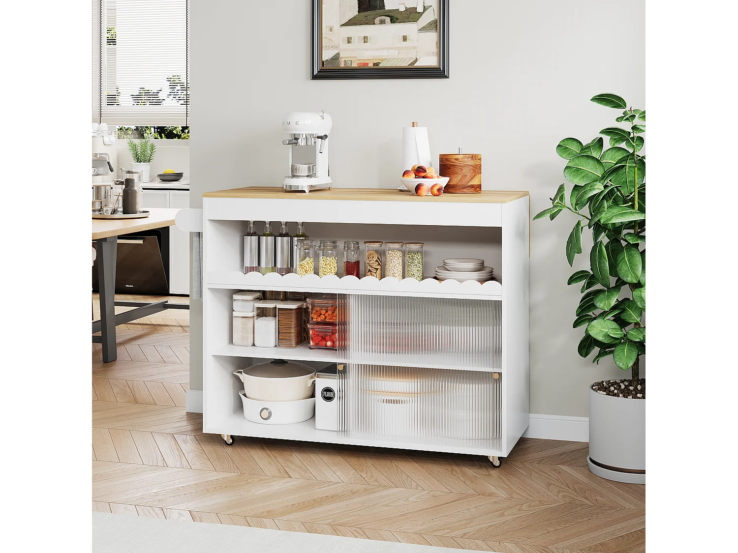 Îlot central pliable - 122 x 46 (69) x 91 cm - avec portes coulissantes en verre trempé + étagère - MDF - blanc