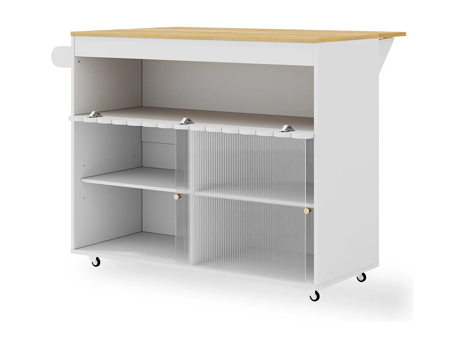 Îlot central pliable - 122 x 46 (69) x 91 cm - avec portes coulissantes en verre trempé + étagère - MDF - blanc