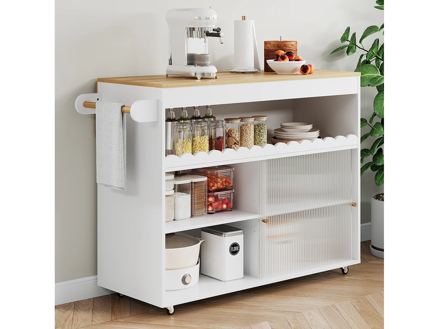 Îlot central pliable - 122 x 46 (69) x 91 cm - avec portes coulissantes en verre trempé + étagère - MDF - blanc