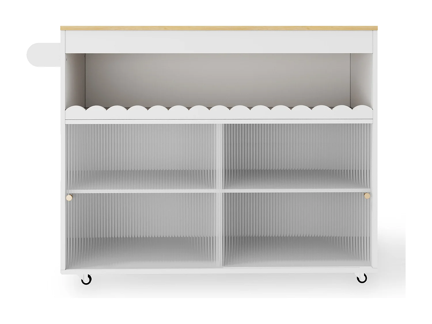 Îlot central pliable - 122 x 46 (69) x 91 cm - avec portes coulissantes en verre trempé + étagère - MDF - blanc