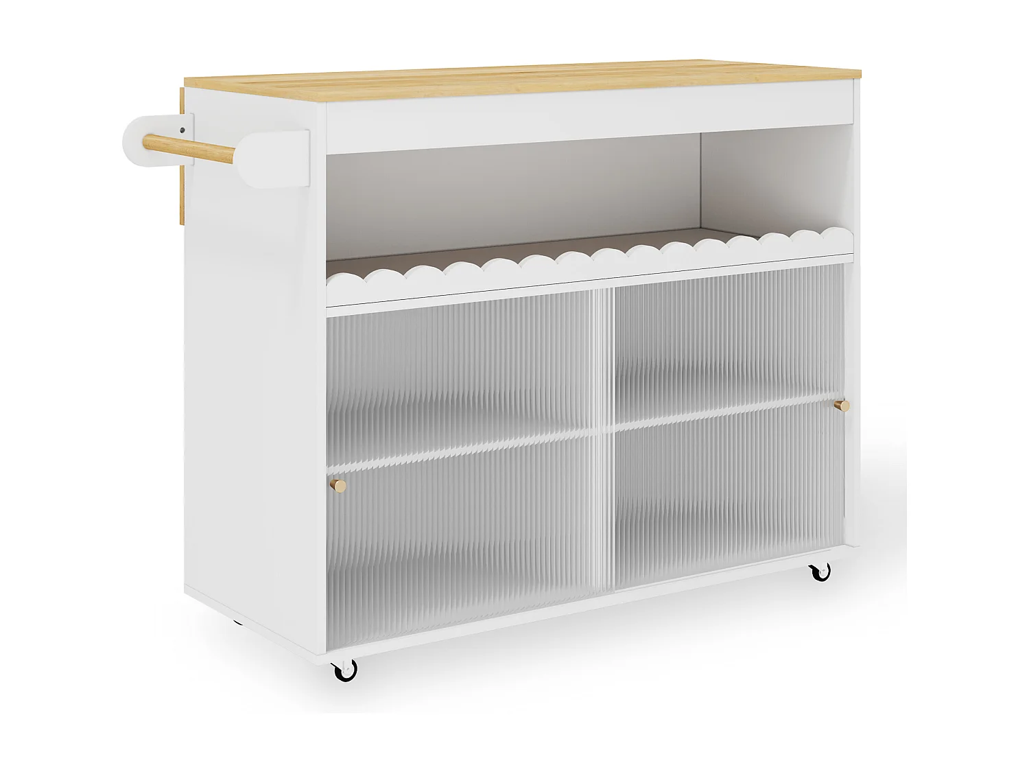 Îlot central pliable - 122 x 46 (69) x 91 cm - avec portes coulissantes en verre trempé + étagère - MDF - blanc