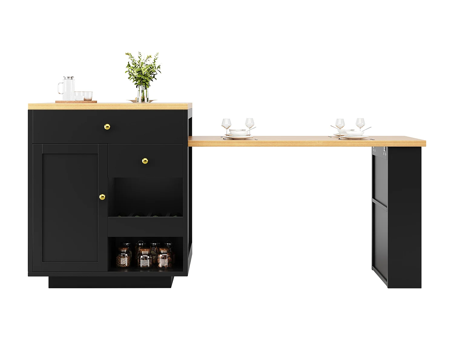 Îlot central plateau extensible - 122.5/195.5 x 70 x 93.8 cm - avec tiroirs + étagères + porte - MDF - noir