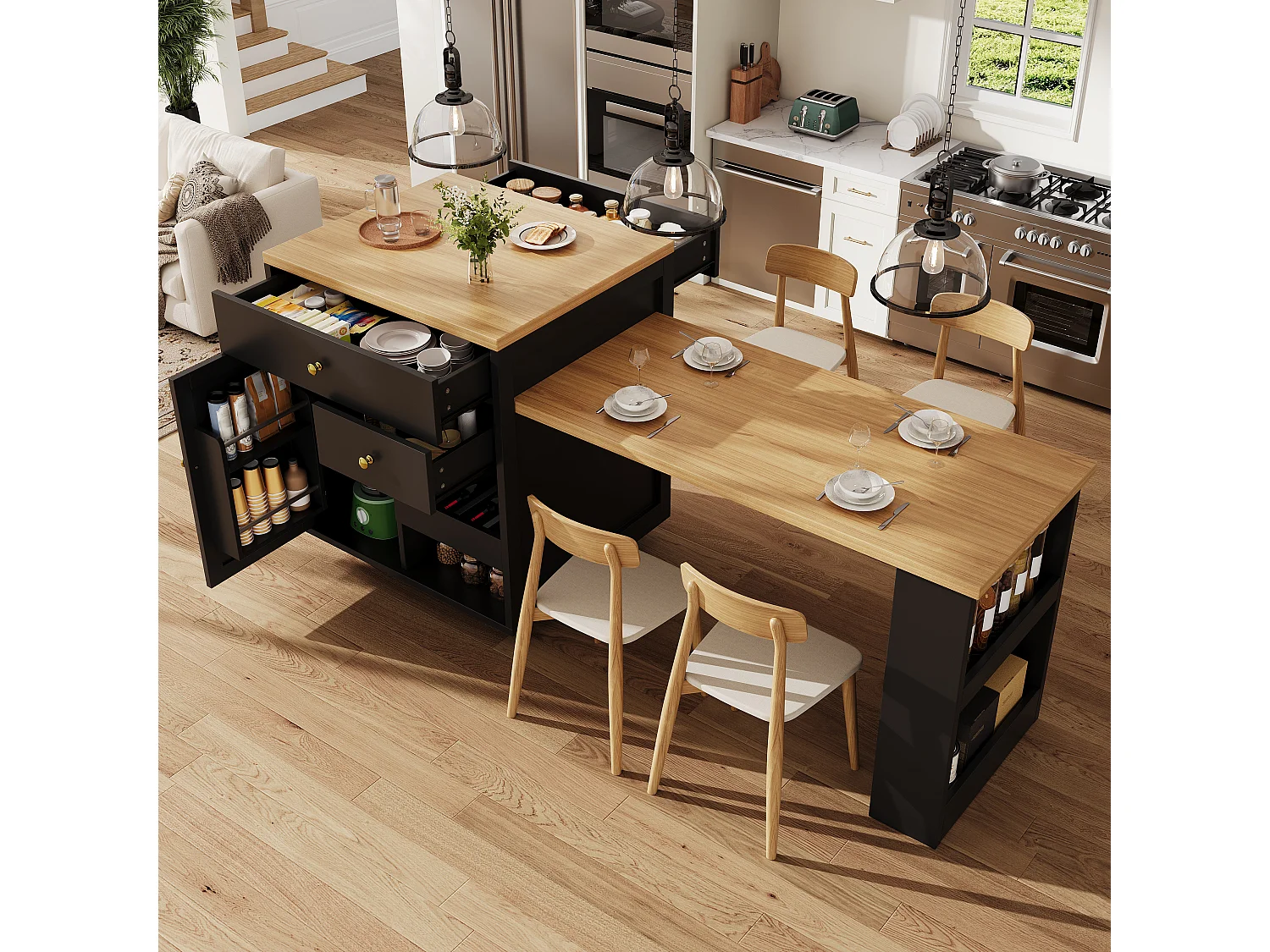 Îlot central plateau extensible - 122.5/195.5 x 70 x 93.8 cm - avec tiroirs + étagères + porte - MDF - noir