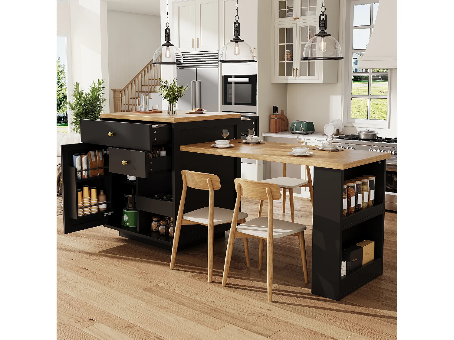 Îlot central plateau extensible - 122.5/195.5 x 70 x 93.8 cm - avec tiroirs + étagères + porte - MDF - noir