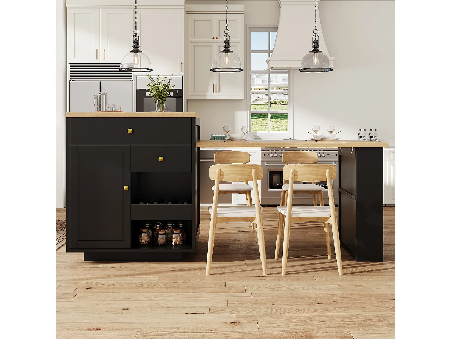 Îlot central plateau extensible - 122.5/195.5 x 70 x 93.8 cm - avec tiroirs + étagères + porte - MDF - noir