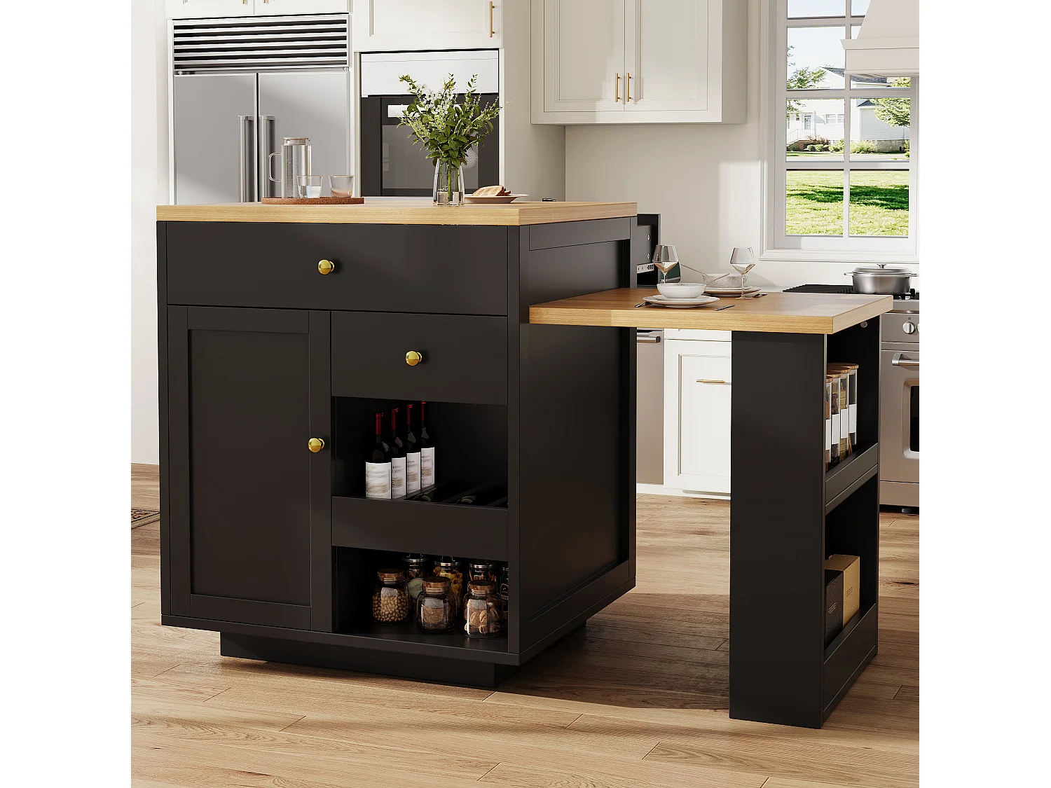 Îlot central plateau extensible - 122.5/195.5 x 70 x 93.8 cm - avec tiroirs + étagères + porte - MDF - noir