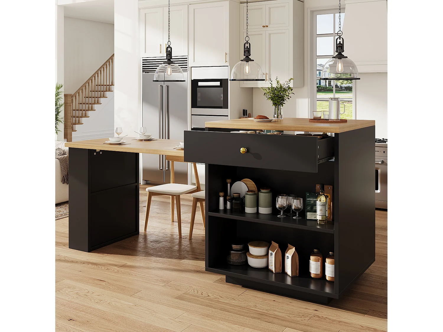 Îlot central plateau extensible - 122.5/195.5 x 70 x 93.8 cm - avec tiroirs + étagères + porte - MDF - noir