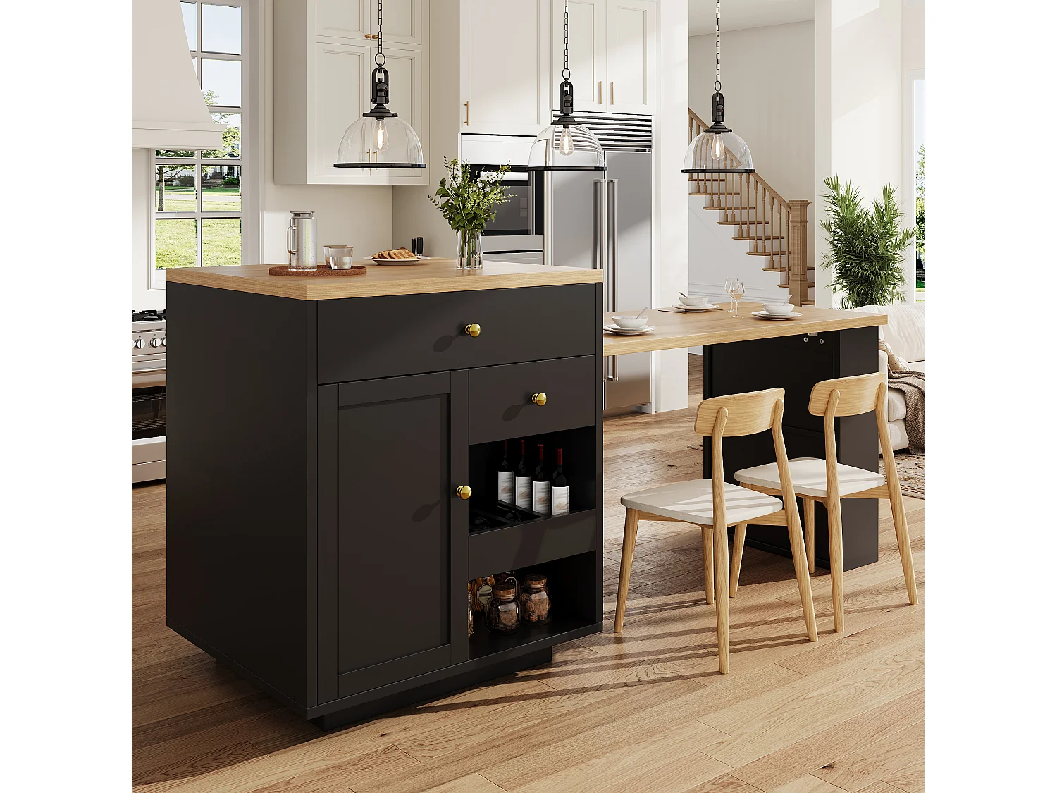 Îlot central plateau extensible - 122.5/195.5 x 70 x 93.8 cm - avec tiroirs + étagères + porte - MDF - noir