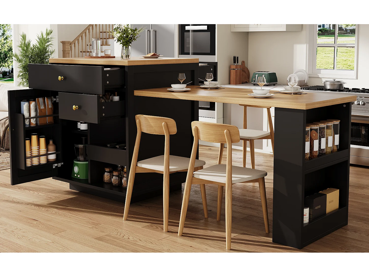 Îlot central plateau extensible - 122.5/195.5 x 70 x 93.8 cm - avec tiroirs + étagères + porte - MDF - noir