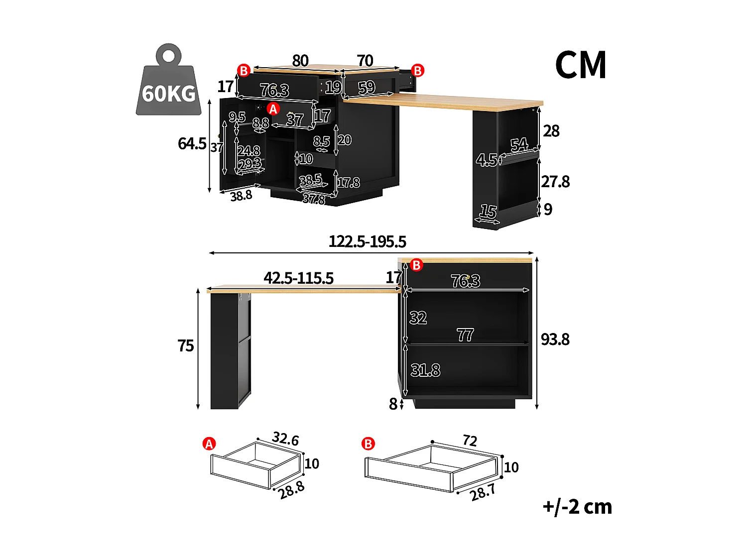 Îlot central plateau extensible - 122.5/195.5 x 70 x 93.8 cm - avec tiroirs + étagères + porte - MDF - noir