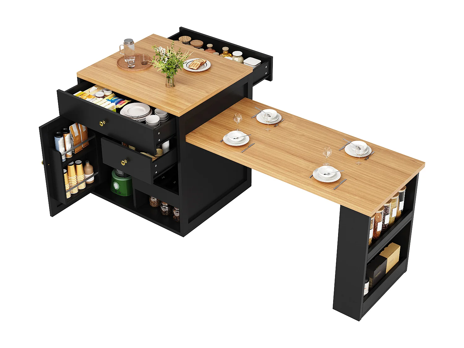 Îlot central plateau extensible - 122.5/195.5 x 70 x 93.8 cm - avec tiroirs + étagères + porte - MDF - noir