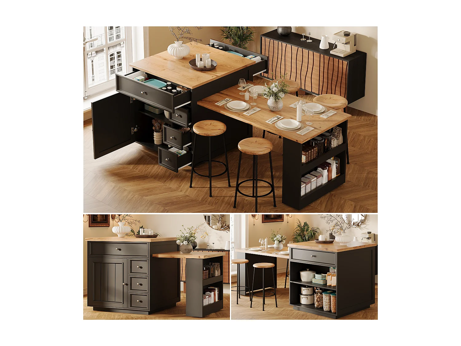 Îlot central plateau extensible - 120/184 x 70 x 94 cm - avec tiroirs + roulettes + porte - MDF - noir