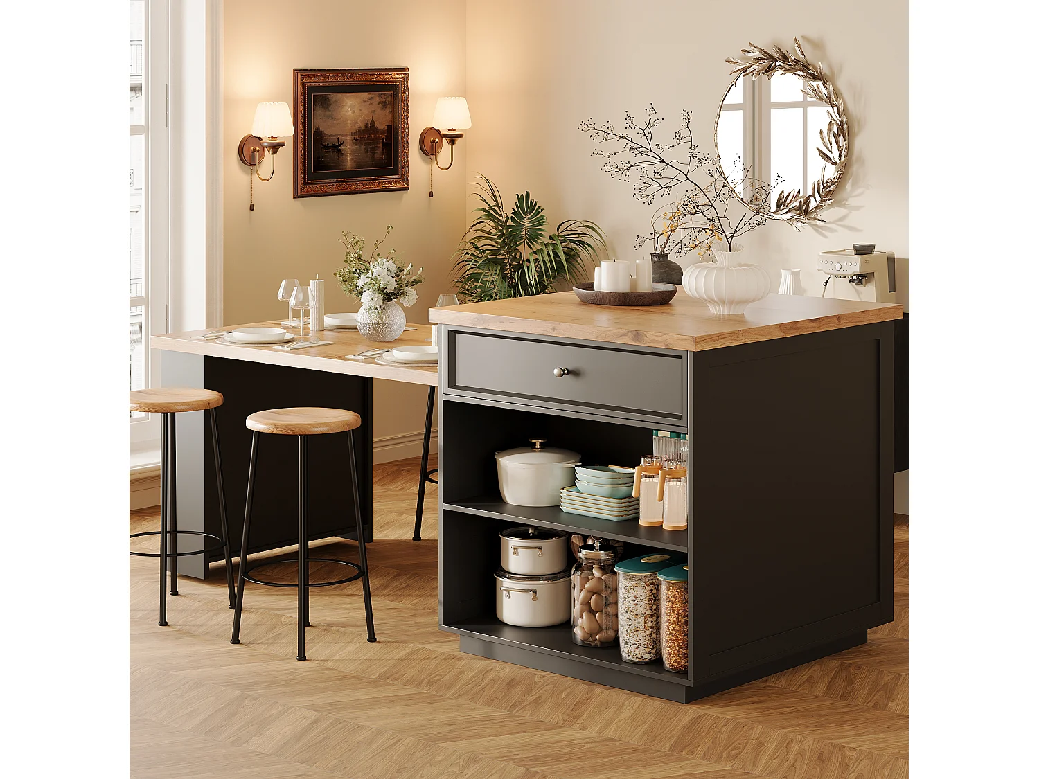 Îlot central plateau extensible - 120/184 x 70 x 94 cm - avec tiroirs + roulettes + porte - MDF - noir