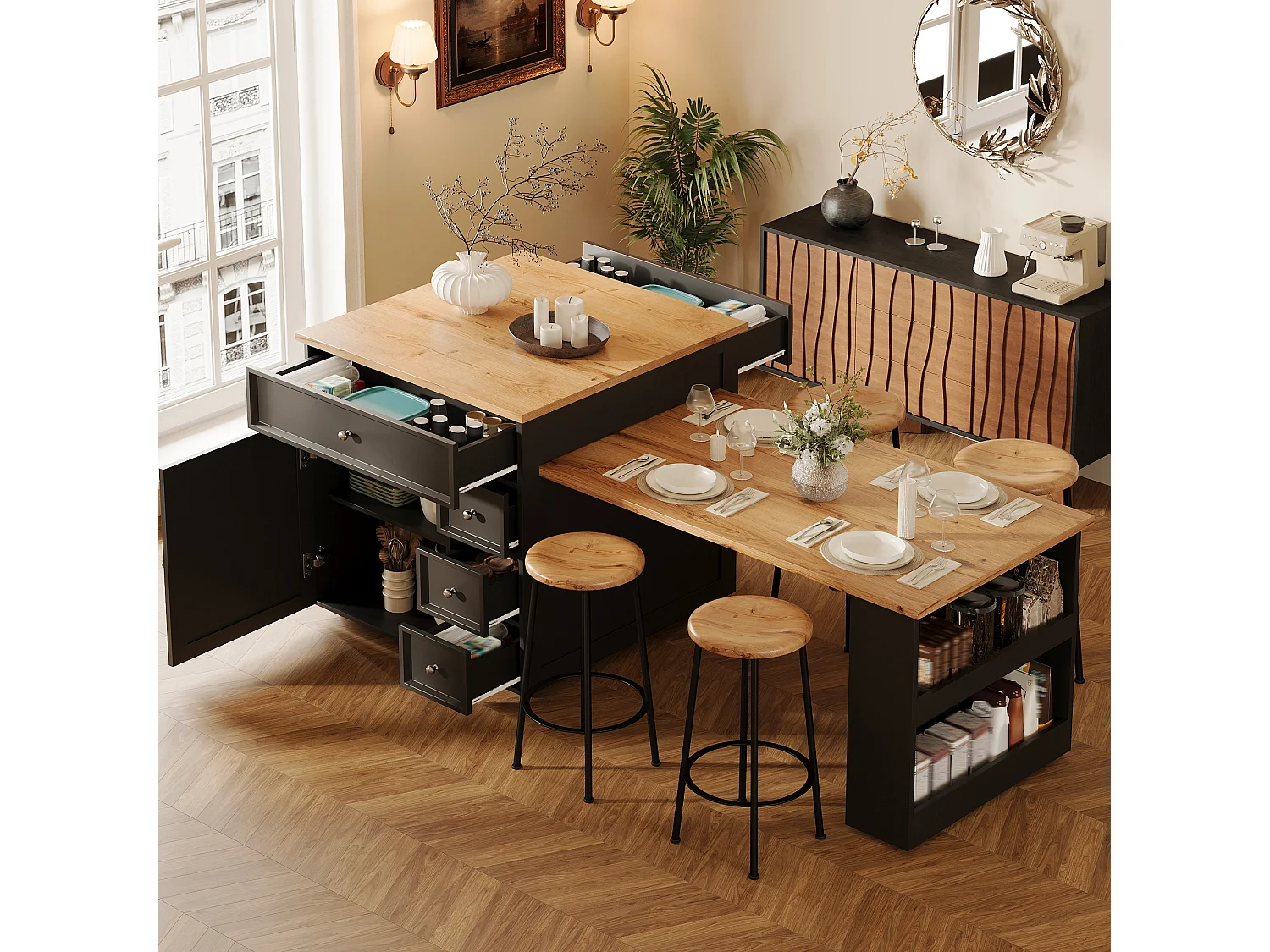 Îlot central plateau extensible - 120/184 x 70 x 94 cm - avec tiroirs + roulettes + porte - MDF - noir