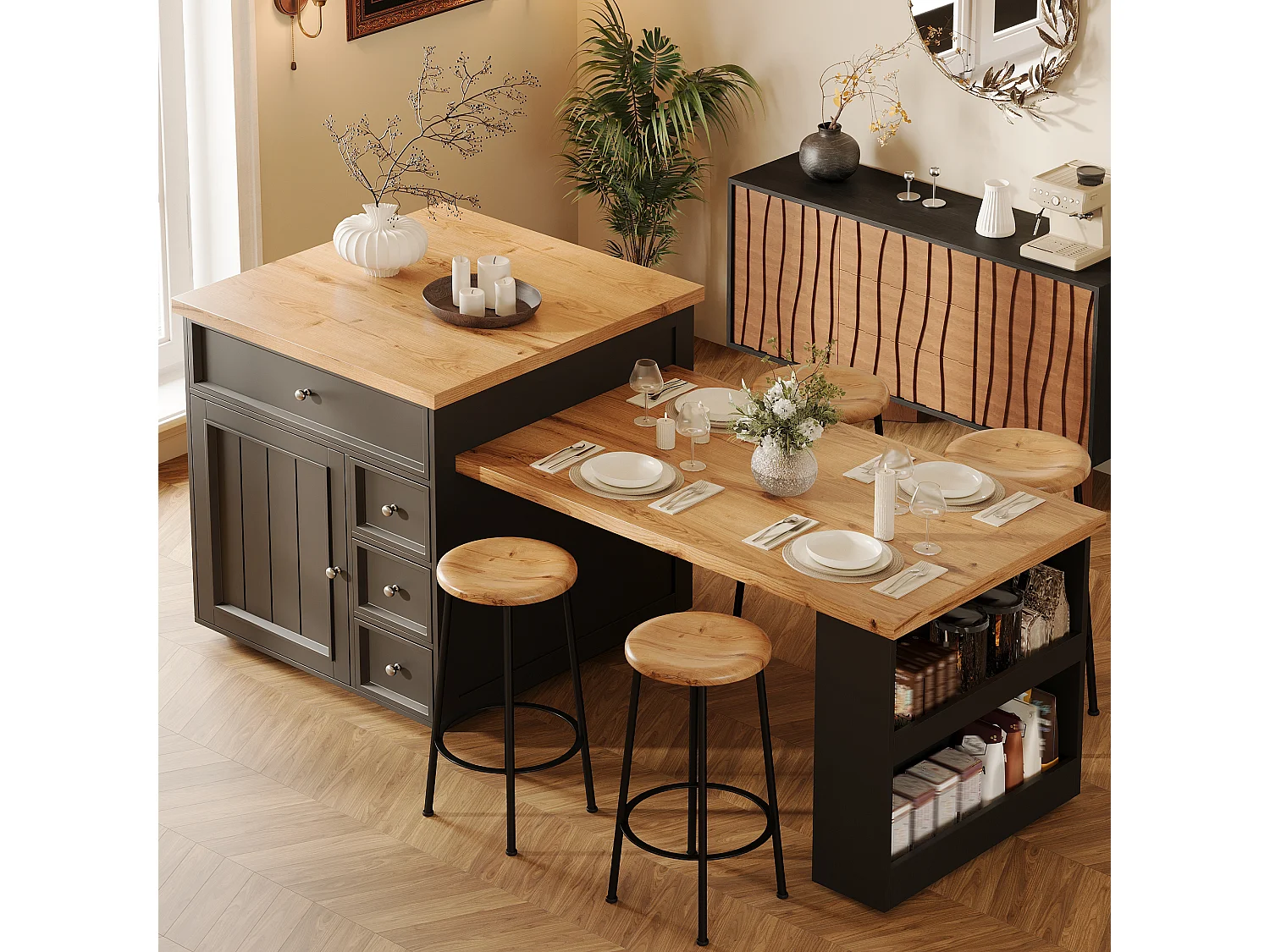 Îlot central plateau extensible - 120/184 x 70 x 94 cm - avec tiroirs + roulettes + porte - MDF - noir