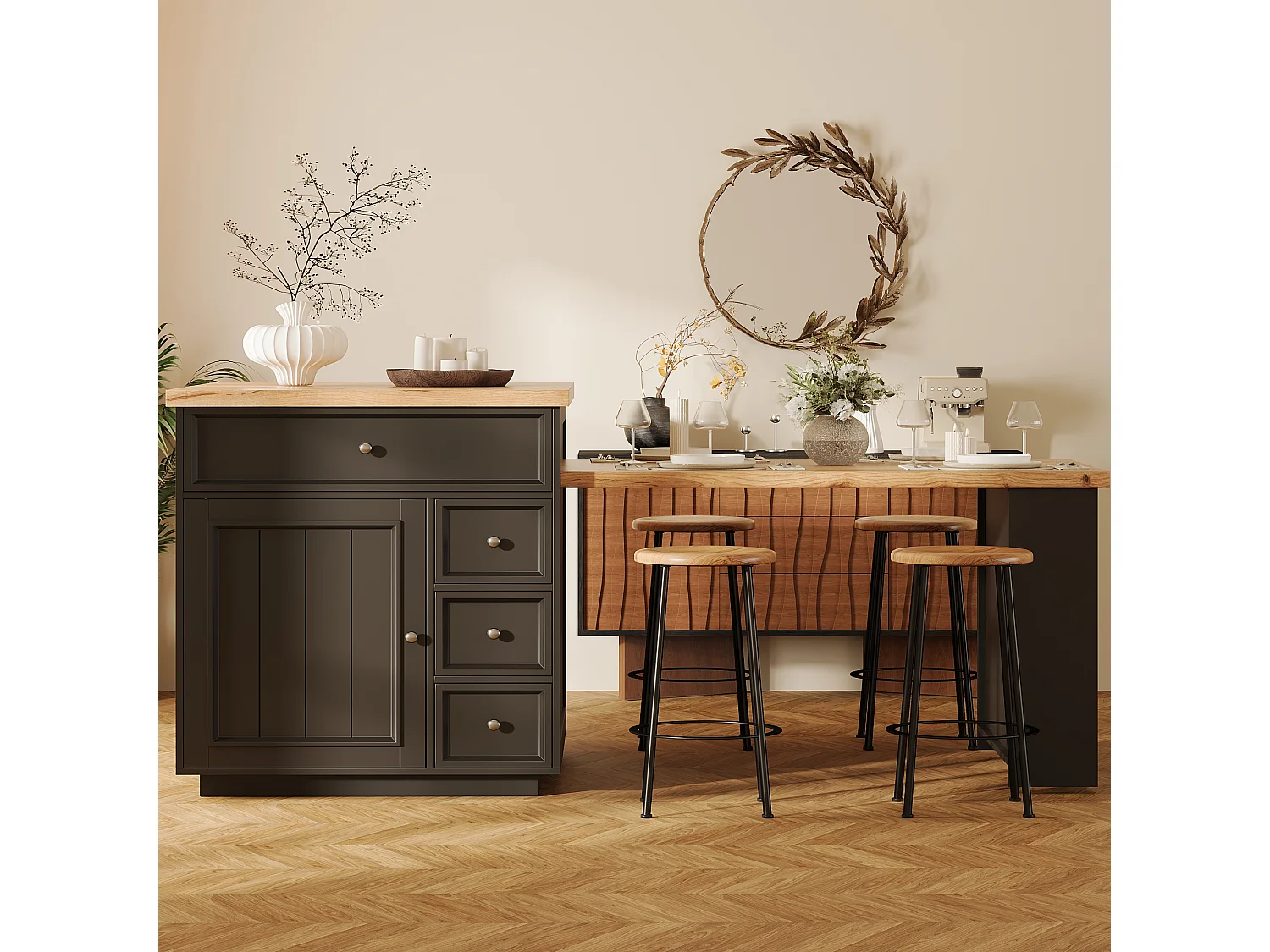 Îlot central plateau extensible - 120/184 x 70 x 94 cm - avec tiroirs + roulettes + porte - MDF - noir