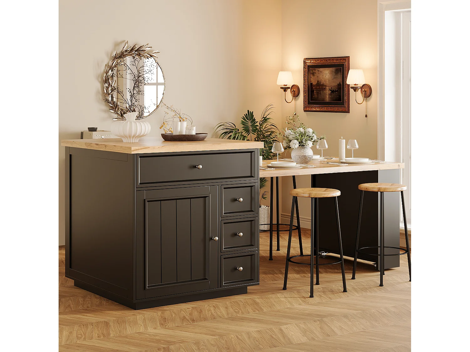 Îlot central plateau extensible - 120/184 x 70 x 94 cm - avec tiroirs + roulettes + porte - MDF - noir