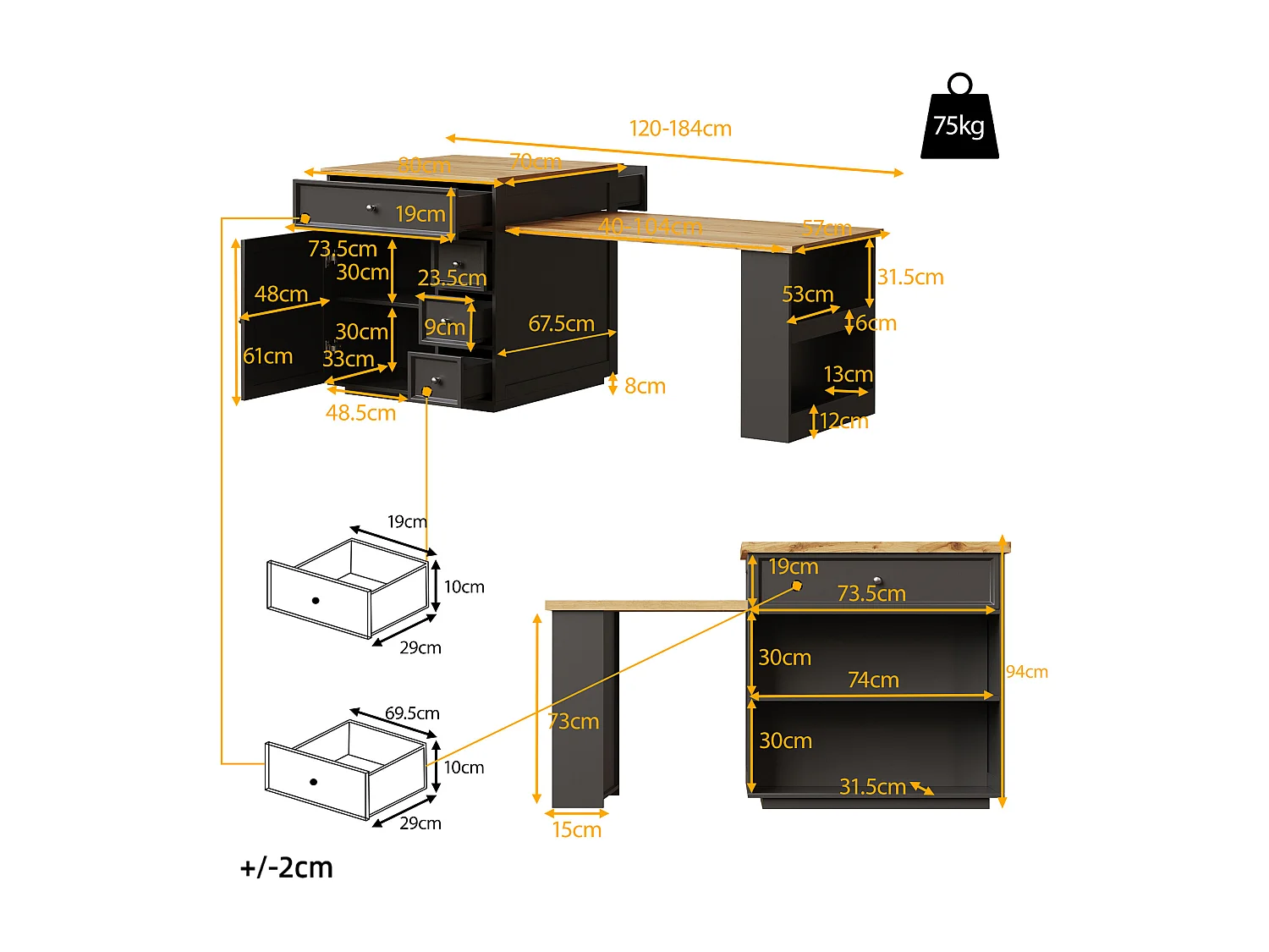 Îlot central plateau extensible - 120/184 x 70 x 94 cm - avec tiroirs + roulettes + porte - MDF - noir