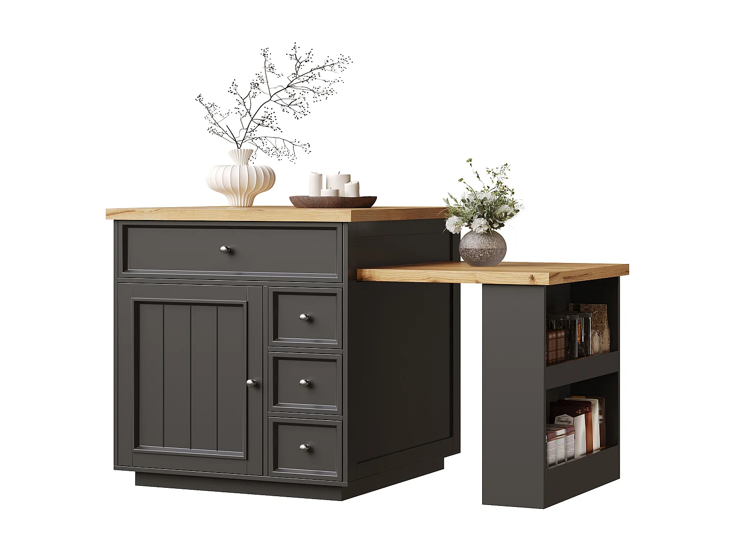 Îlot central plateau extensible - 120/184 x 70 x 94 cm - avec tiroirs + roulettes + porte - MDF - noir
