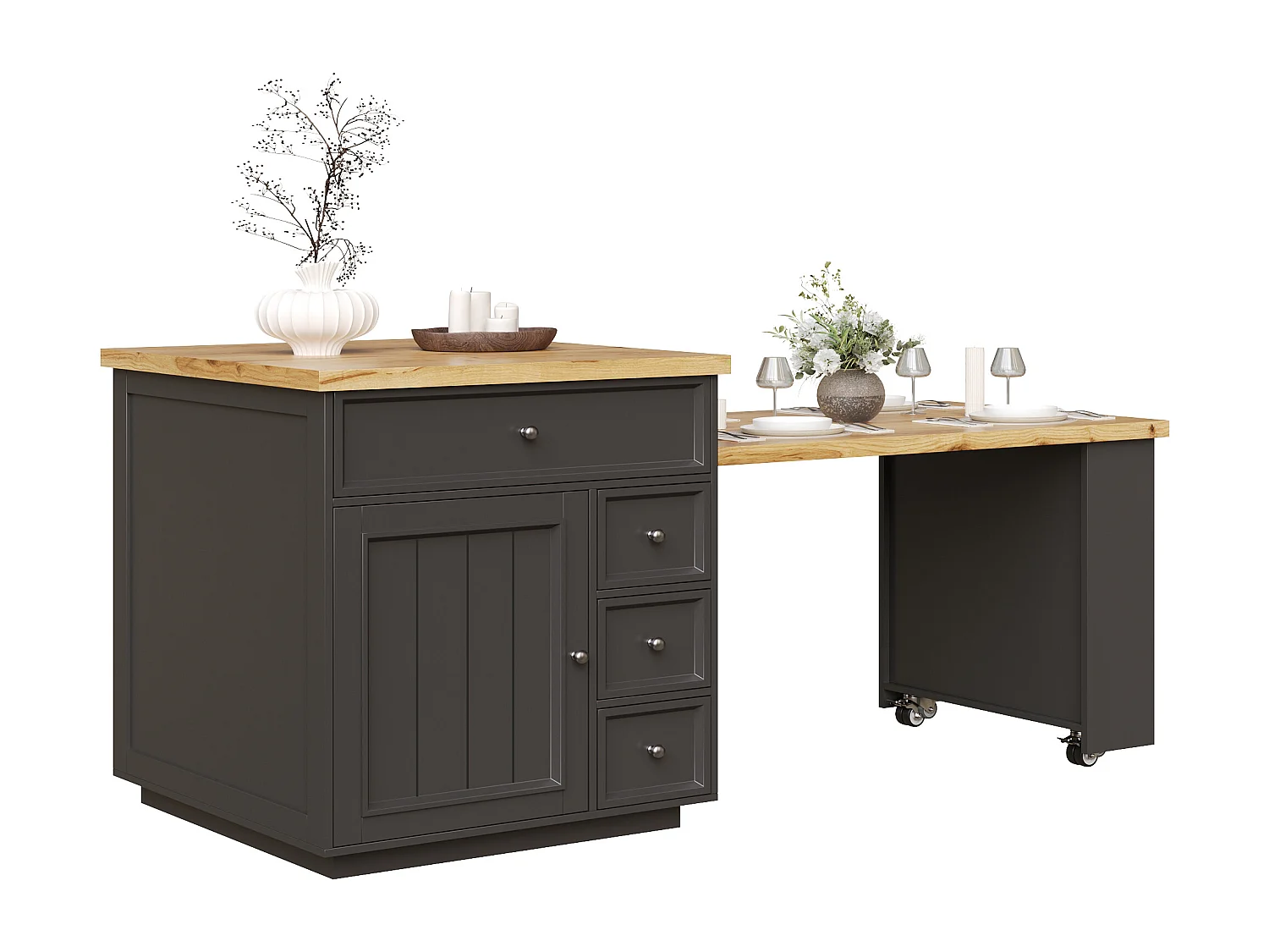 Îlot central plateau extensible - 120/184 x 70 x 94 cm - avec tiroirs + roulettes + porte - MDF - noir