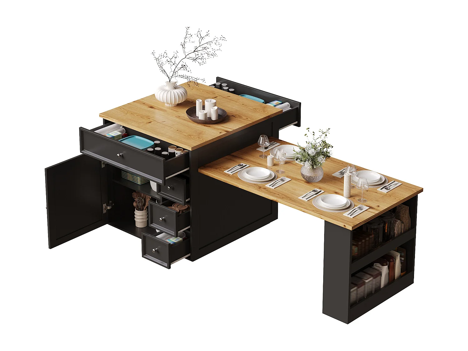 Îlot central plateau extensible - 120/184 x 70 x 94 cm - avec tiroirs + roulettes + porte - MDF - noir