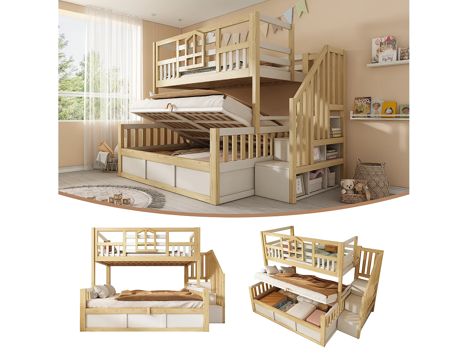 Kinderetagenbett – 90 x 200 + 140 x 200 cm – mit Leiter und Stauraum + hydraulischer Truhe – Holz – Natur + Weiß