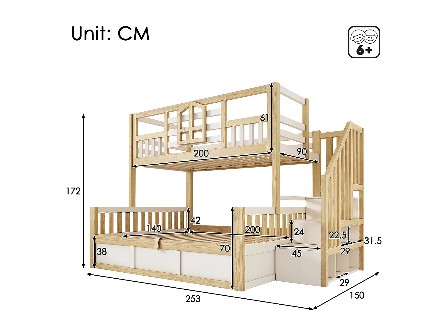Kinderetagenbett – 90 x 200 + 140 x 200 cm – mit Leiter und Stauraum + hydraulischer Truhe – Holz – Natur + Weiß