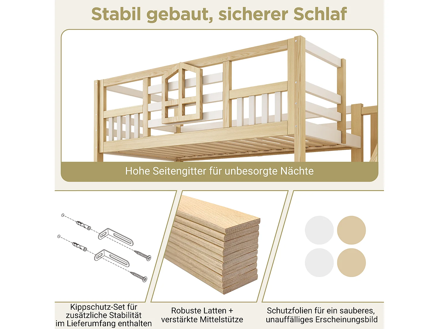Kinderetagenbett – 90 x 200 + 140 x 200 cm – mit Leiter und Stauraum + hydraulischer Truhe – Holz – Natur + Weiß