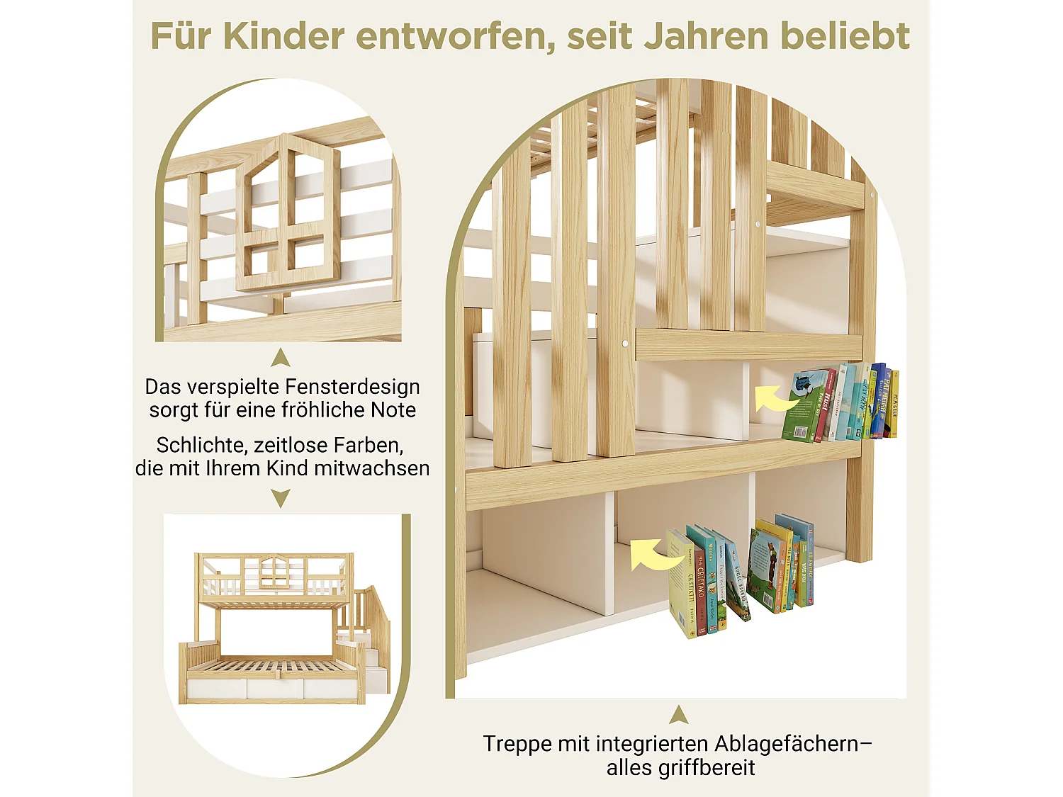 Kinderetagenbett – 90 x 200 + 140 x 200 cm – mit Leiter und Stauraum + hydraulischer Truhe – Holz – Natur + Weiß