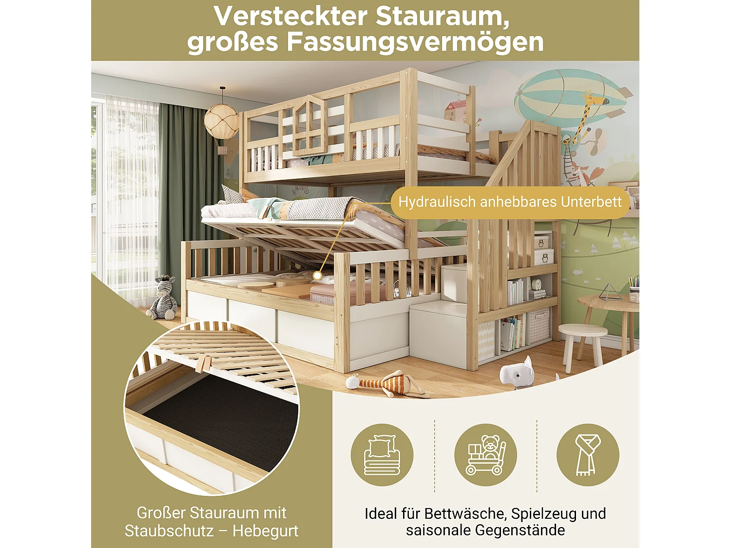 Kinderetagenbett – 90 x 200 + 140 x 200 cm – mit Leiter und Stauraum + hydraulischer Truhe – Holz – Natur + Weiß